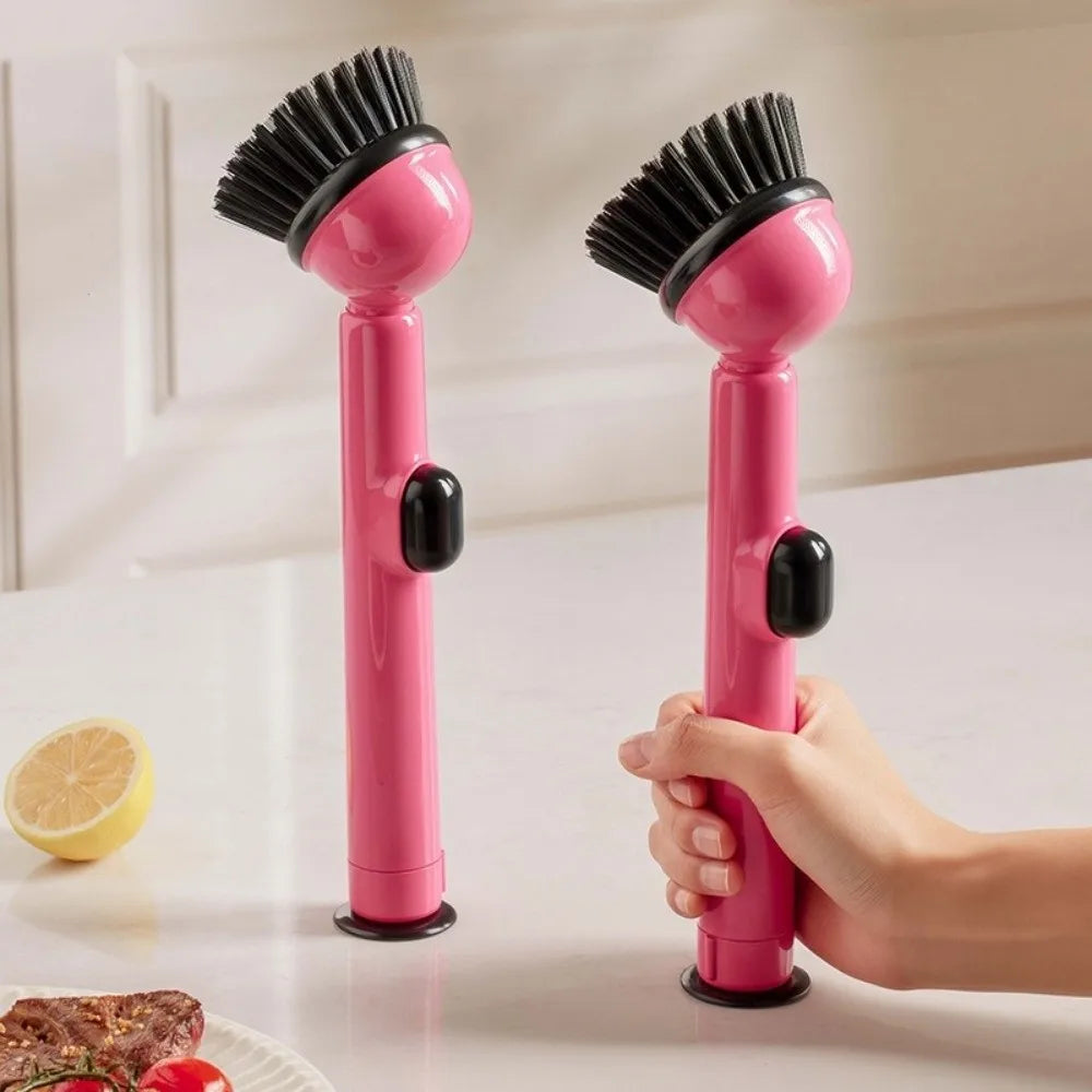 Long Handle Dish Brusg with Soap Dispenser and Rotating Scrubber Head