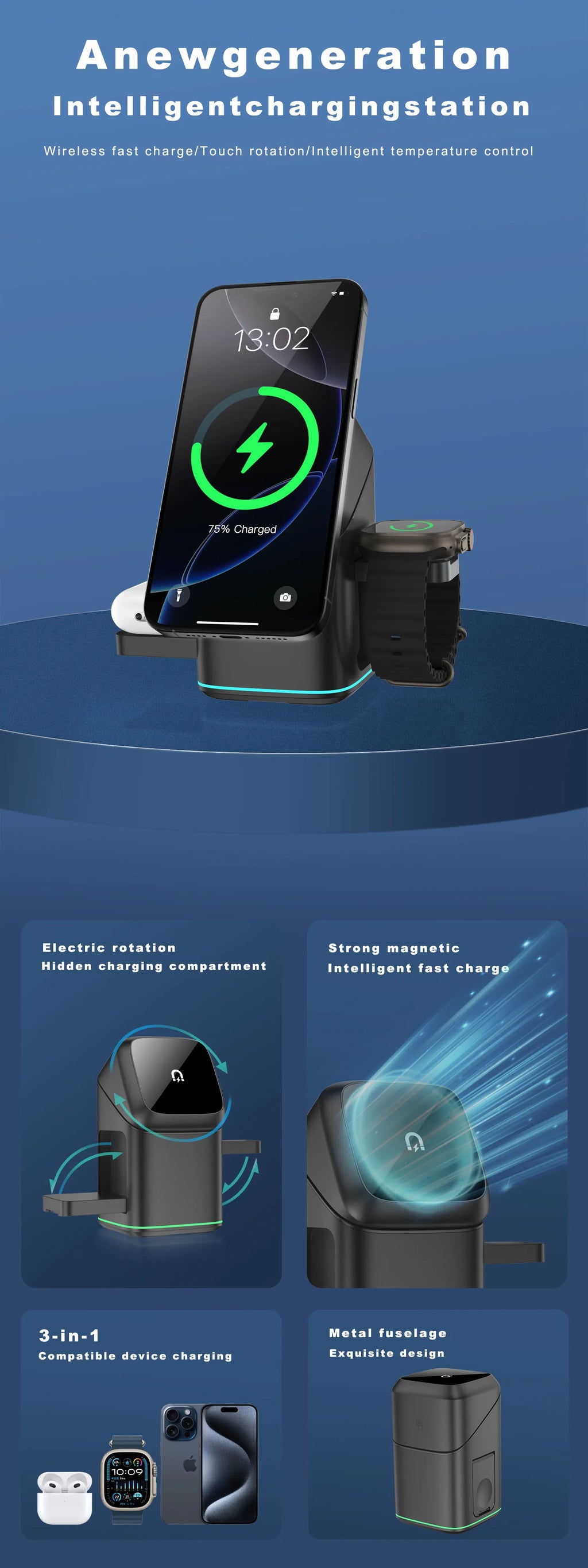 3 in 1 Rotating Magnetic Wireless Charging Station