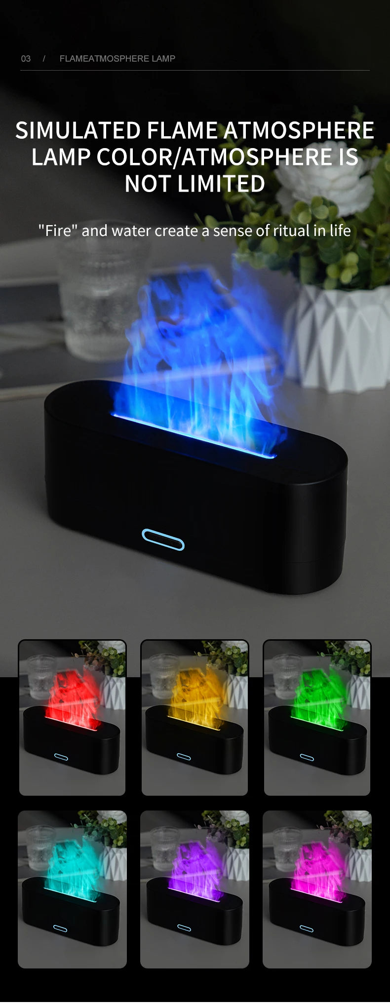 Flame Diffuser Humidifier 7 Colors Light Changing Essential Oil Diffusers Aromatherapy Diffusers for Home Office Bedroom