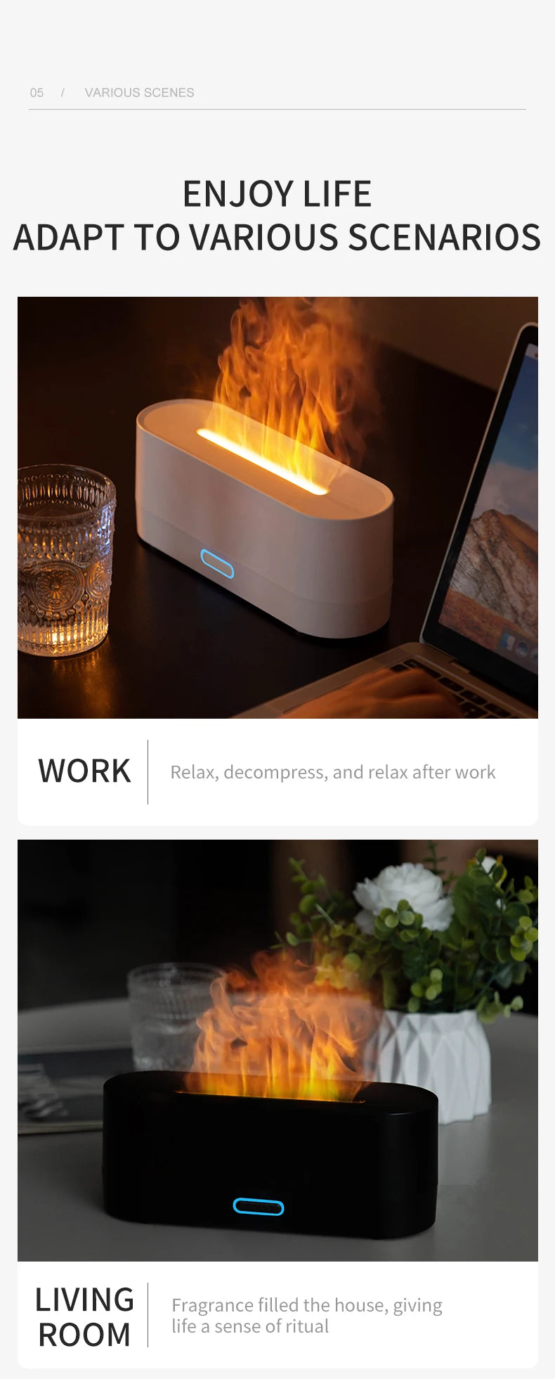 Flame Diffuser Humidifier 7 Colors Light Changing Essential Oil Diffusers Aromatherapy Diffusers for Home Office Bedroom