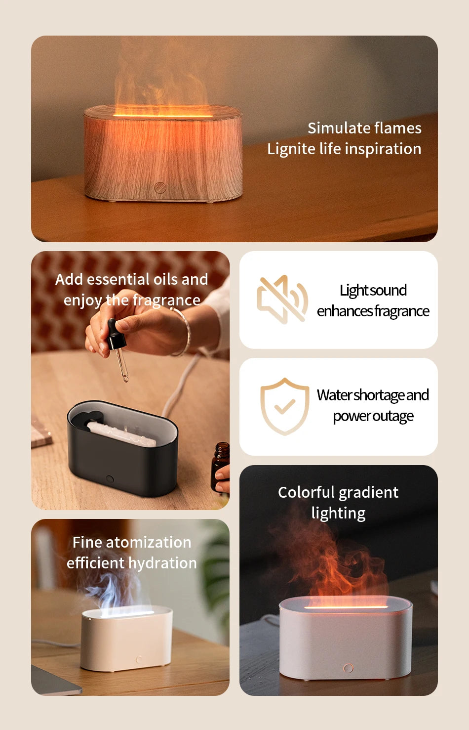 Flame Diffuser Humidifier 7 Colors Light Changing Essential Oil Diffusers Aromatherapy Diffusers for Home Office Bedroom