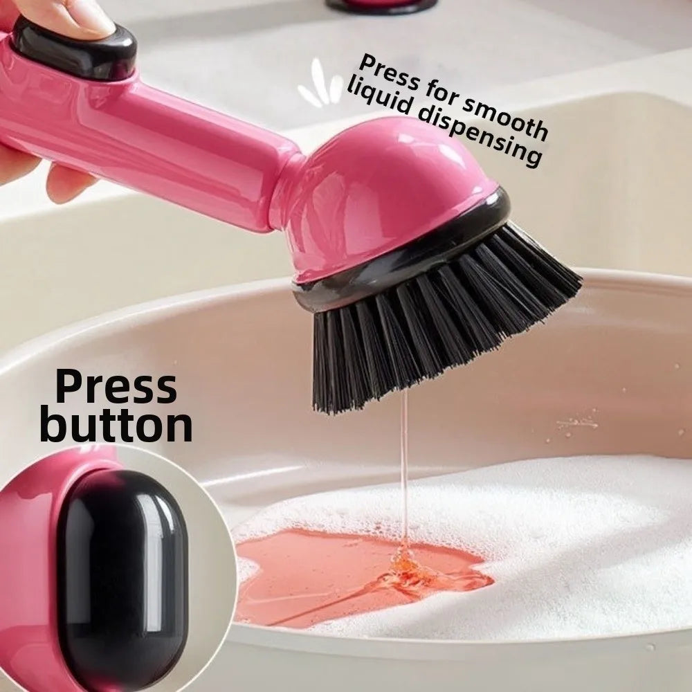 Long Handle Dish Brusg with Soap Dispenser and Rotating Scrubber Head