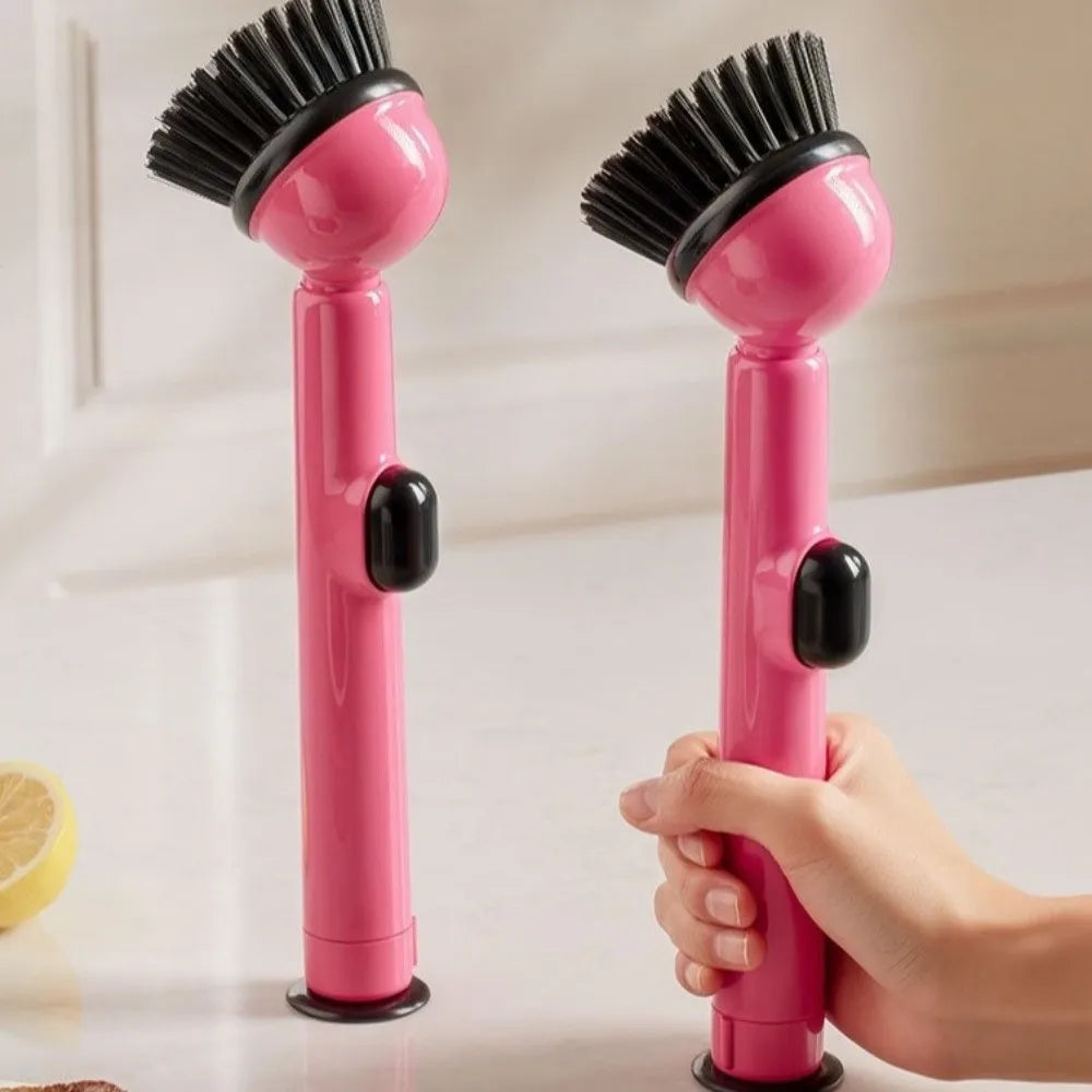 Long Handle Dish Brusg with Soap Dispenser and Rotating Scrubber Head