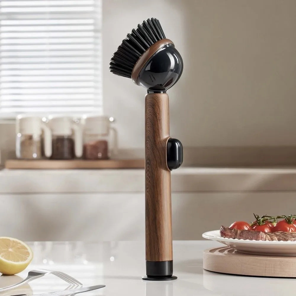 Long Handle Dish Brusg with Soap Dispenser and Rotating Scrubber Head