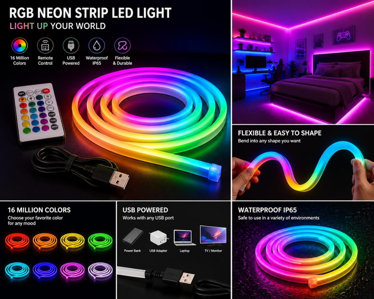 5M RGB Neon Strip LED Light-USB powered with Remote Control